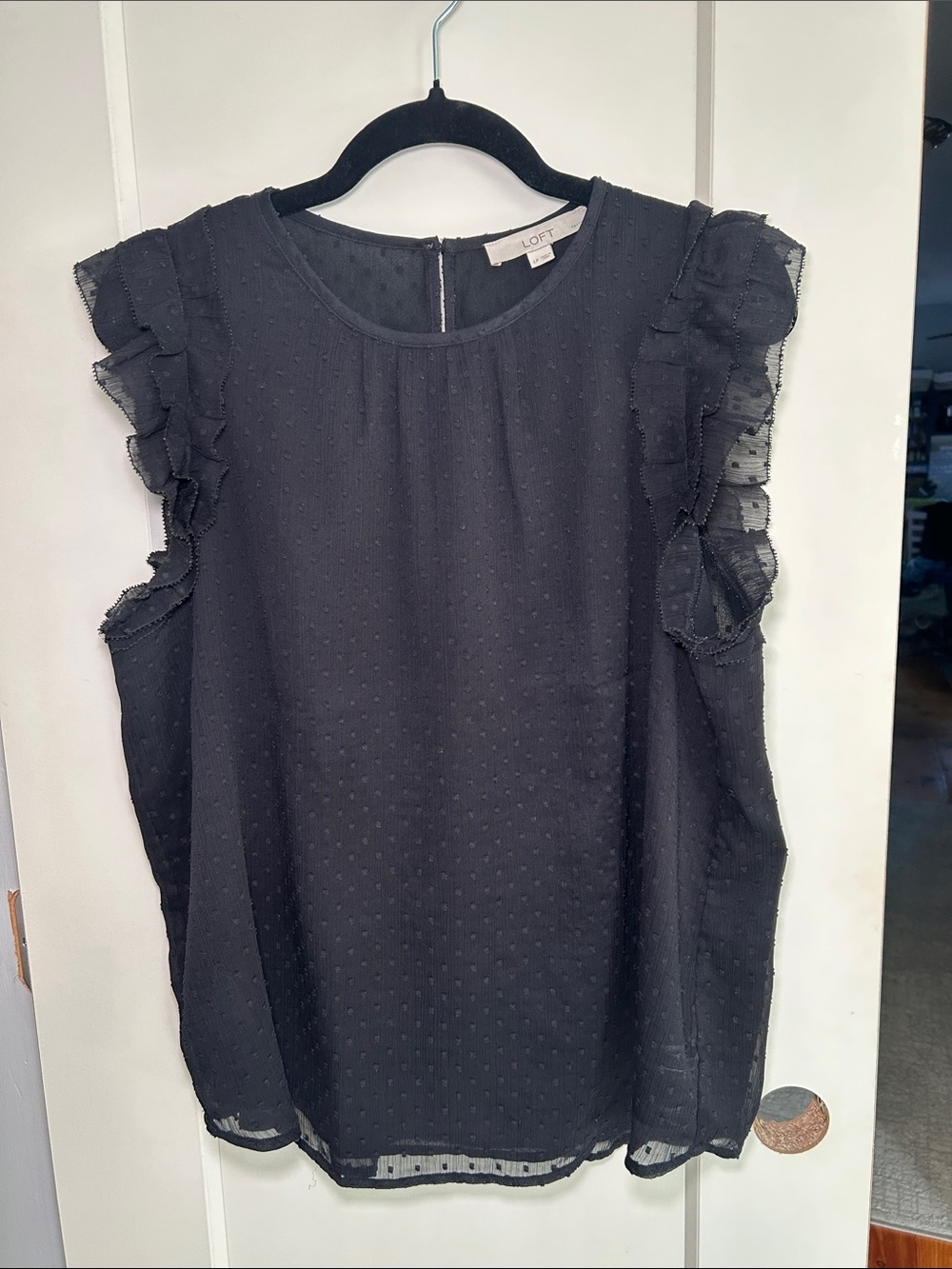 LOFT Black Swiss Dot Ruffle Sleeve Camisole